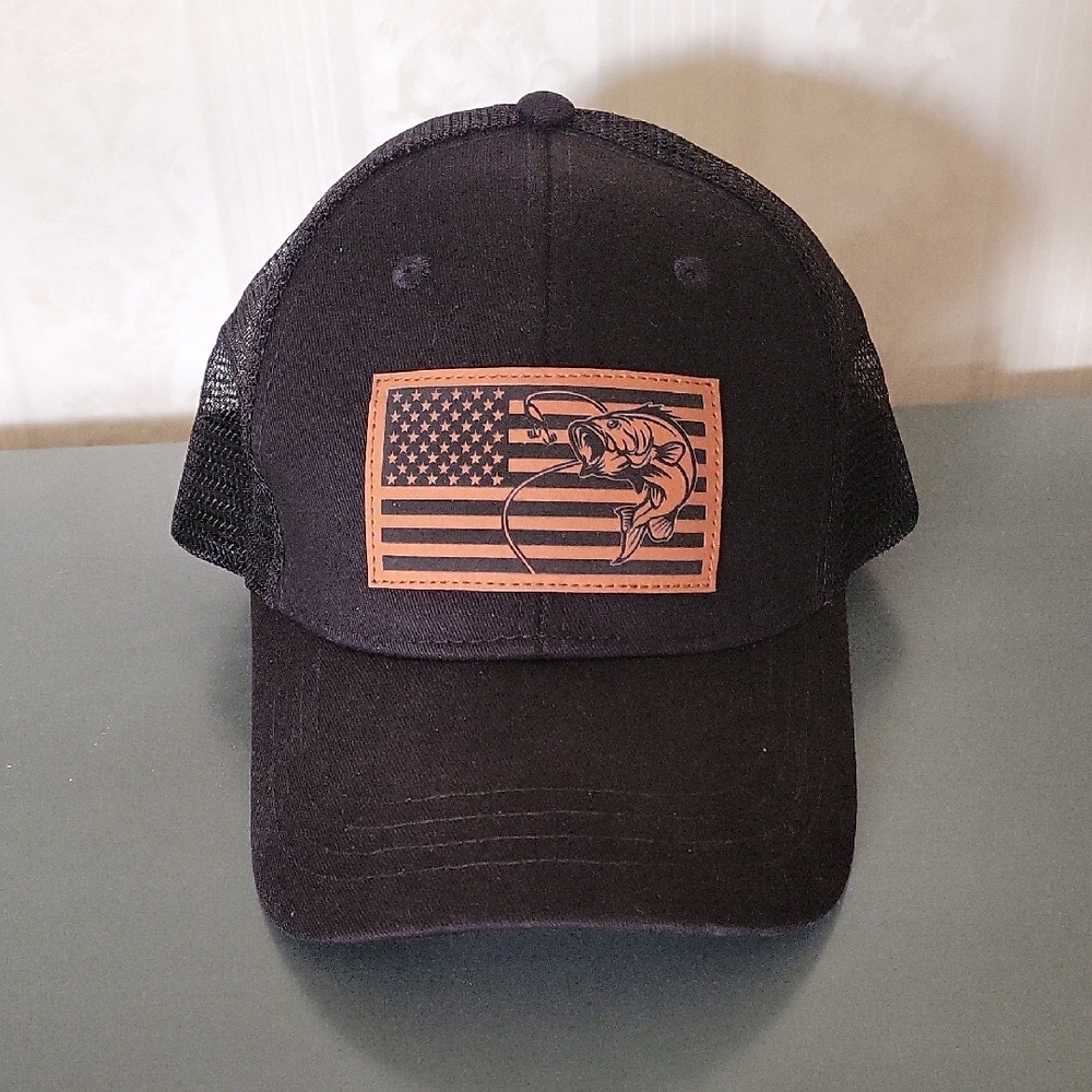 NWOT Black Mesh Trucker Hat with Fish Flag Patch